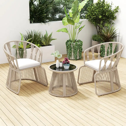 3 Pieces Patio Leisure Chair Set with Rope-Woven Armchairs and Seat Cushions-Off White - Off White - Patio Furniture
