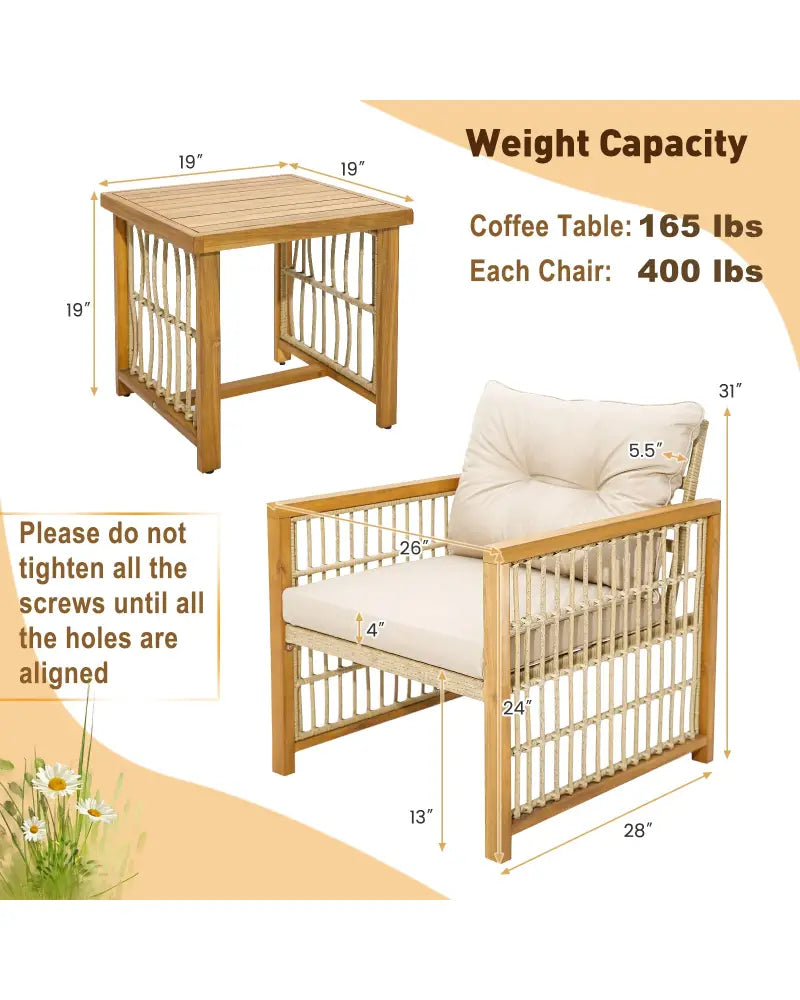 3 Pieces Patio PE Wicker Conversation Set with Acacia Wood Frame and Cushions-Beige - Beige - Patio Conversation Sets