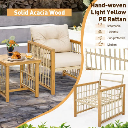 3 Pieces Patio PE Wicker Conversation Set with Acacia Wood Frame and Cushions-Beige - Beige - Patio Conversation Sets