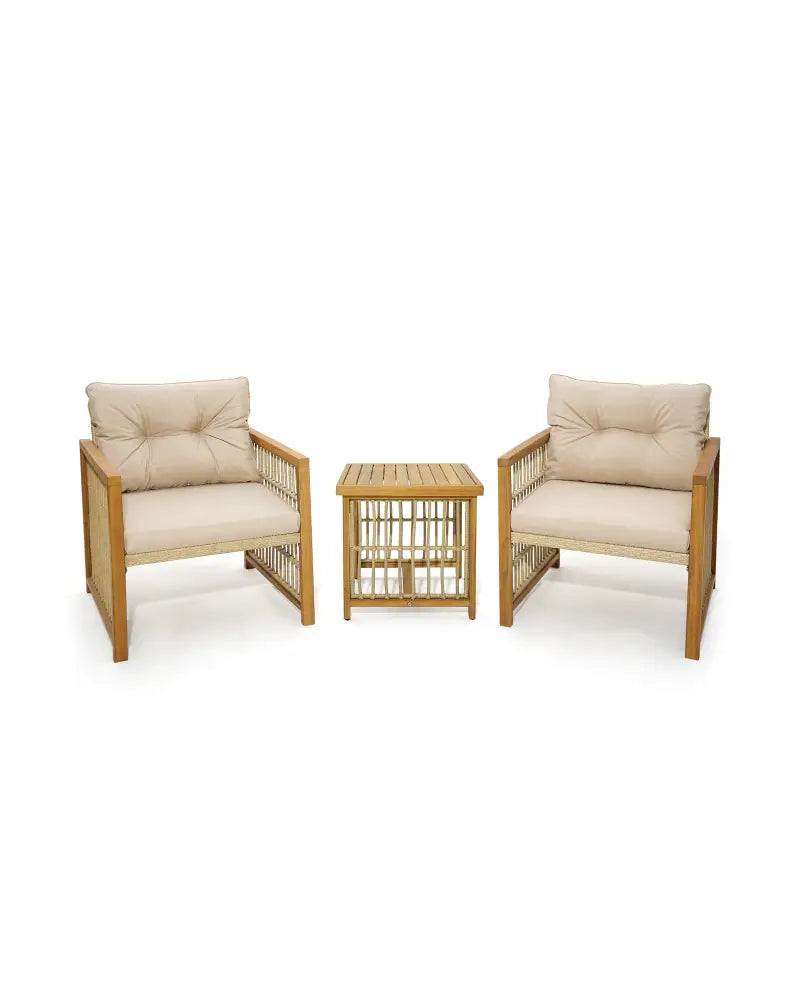 3 Pieces Patio PE Wicker Conversation Set with Acacia Wood Frame and Cushions-Beige - Beige - Patio Conversation Sets