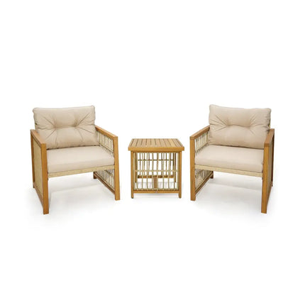 3 Pieces Patio PE Wicker Conversation Set with Acacia Wood Frame and Cushions-Beige - Beige - Patio Conversation Sets