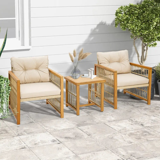 3 Pieces Patio PE Wicker Conversation Set with Acacia Wood Frame and Cushions-Beige - Beige - Patio Conversation Sets