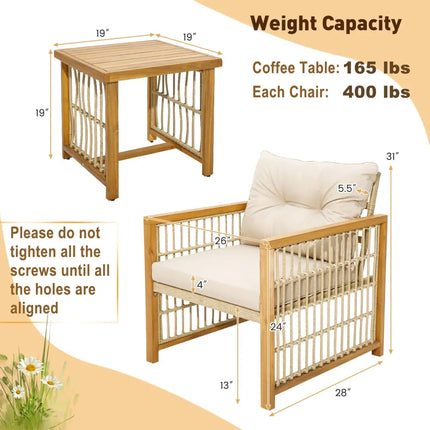 3 Pieces Patio PE Wicker Conversation Set with Acacia Wood Frame and Cushions-Beige - Beige - Patio Conversation Sets
