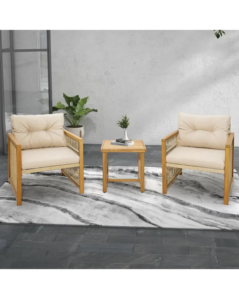 3 Pieces Patio PE Wicker Conversation Set with Acacia Wood Frame and Cushions-Beige - Beige - Patio Conversation Sets