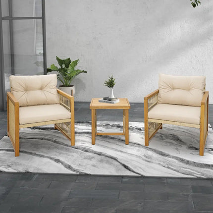 3 Pieces Patio PE Wicker Conversation Set with Acacia Wood Frame and Cushions-Beige - Beige - Patio Conversation Sets