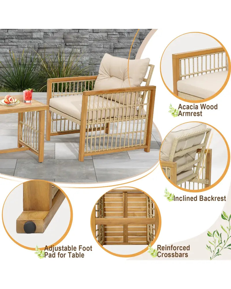 3 Pieces Patio PE Wicker Conversation Set with Acacia Wood Frame and Cushions-Beige - Beige - Patio Conversation Sets
