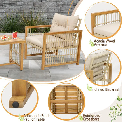 3 Pieces Patio PE Wicker Conversation Set with Acacia Wood Frame and Cushions-Beige - Beige - Patio Conversation Sets