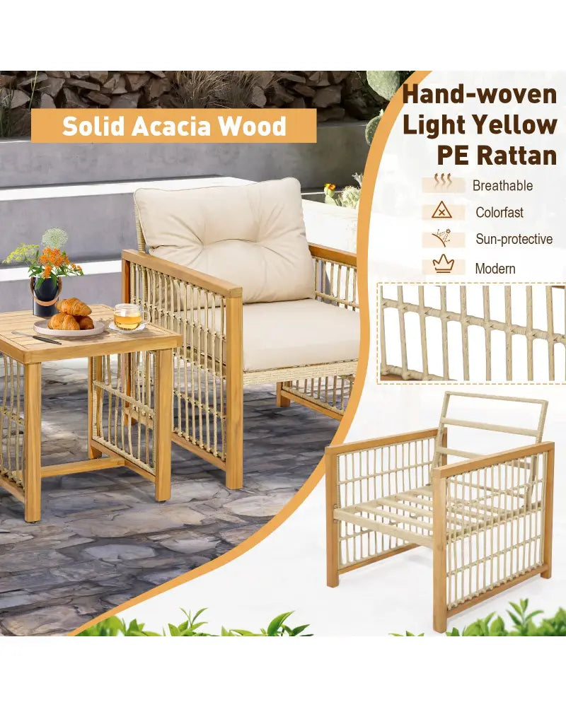 3 Pieces Patio PE Wicker Conversation Set with Acacia Wood Frame and Cushions-Beige - Beige - Patio Conversation Sets