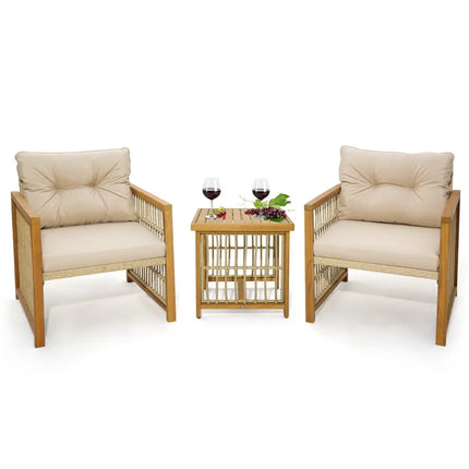 3 Pieces Patio PE Wicker Conversation Set with Acacia Wood Frame and Cushions-Beige - Beige - Patio Conversation Sets