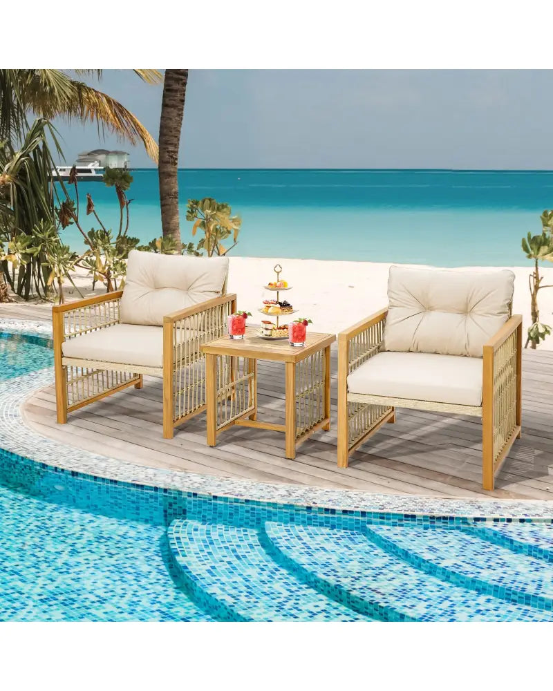 3 Pieces Patio PE Wicker Conversation Set with Acacia Wood Frame and Cushions-Beige - Beige - Patio Conversation Sets