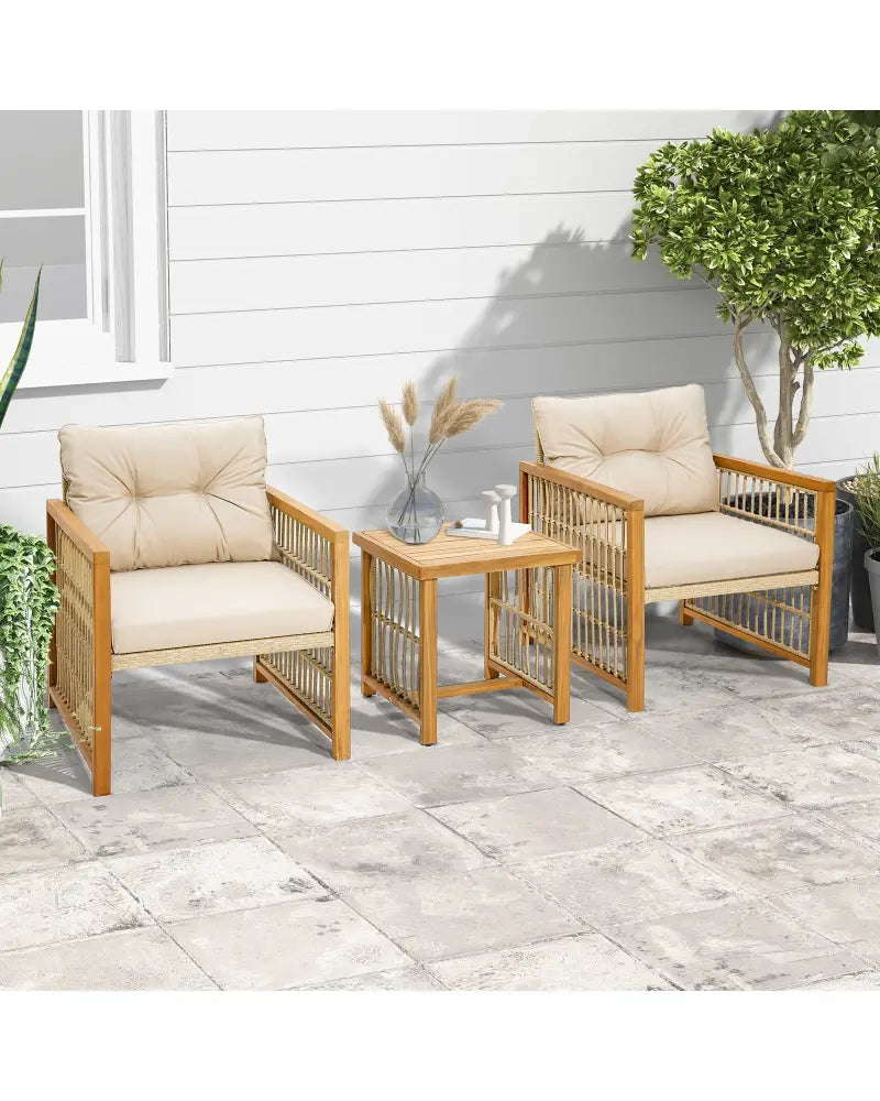 3 Pieces Patio PE Wicker Conversation Set with Acacia Wood Frame and Cushions-Beige - Beige - Patio Conversation Sets