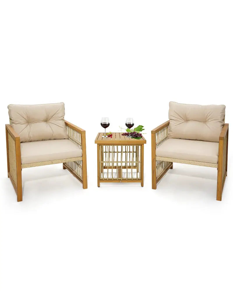 3 Pieces Patio PE Wicker Conversation Set with Acacia Wood Frame and Cushions-Beige - Beige - Patio Conversation Sets