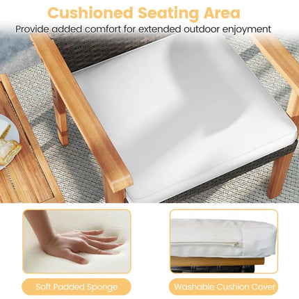 3 Pieces Patio PE Wicker Furniture Set Acacia Wood Outdoor Conversation Bistro Set-White - White - Patio Conversation