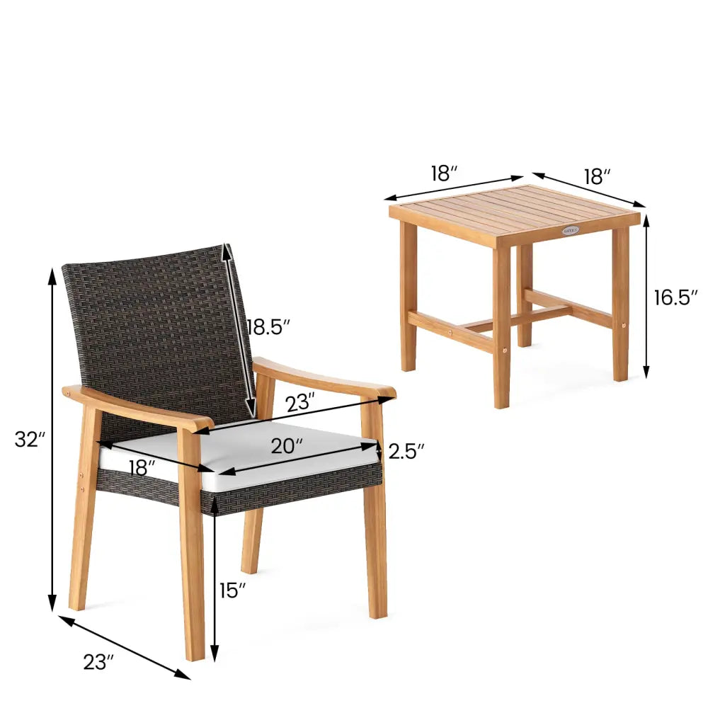 3 Pieces Patio PE Wicker Furniture Set Acacia Wood Outdoor Conversation Bistro Set-White - White - Patio Conversation