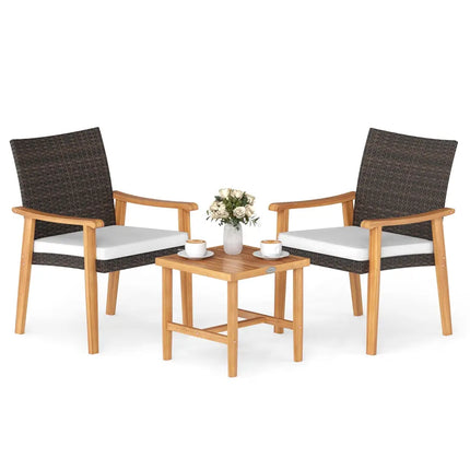 3 Pieces Patio PE Wicker Furniture Set Acacia Wood Outdoor Conversation Bistro Set-White - White - Patio Conversation