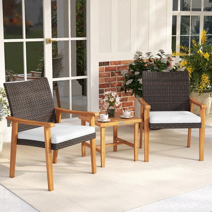 3 Pieces Patio PE Wicker Furniture Set Acacia Wood Outdoor Conversation Bistro Set-White - White - Patio Conversation