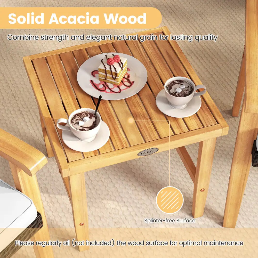 3 Pieces Patio PE Wicker Furniture Set Acacia Wood Outdoor Conversation Bistro Set-White - White - Patio Conversation