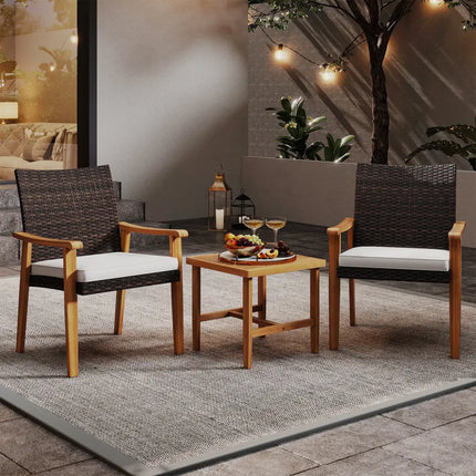 3 Pieces Patio PE Wicker Furniture Set Acacia Wood Outdoor Conversation Bistro Set-White - White - Patio Conversation