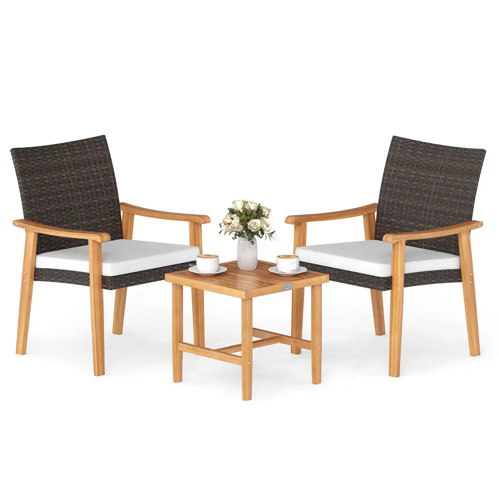 3 Pieces Patio PE Wicker Furniture Set Acacia Wood Outdoor Conversation Bistro Set-White - White - Patio Conversation