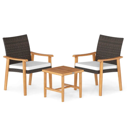 3 Pieces Patio PE Wicker Furniture Set Acacia Wood Outdoor Conversation Bistro Set-White - White - Patio Conversation