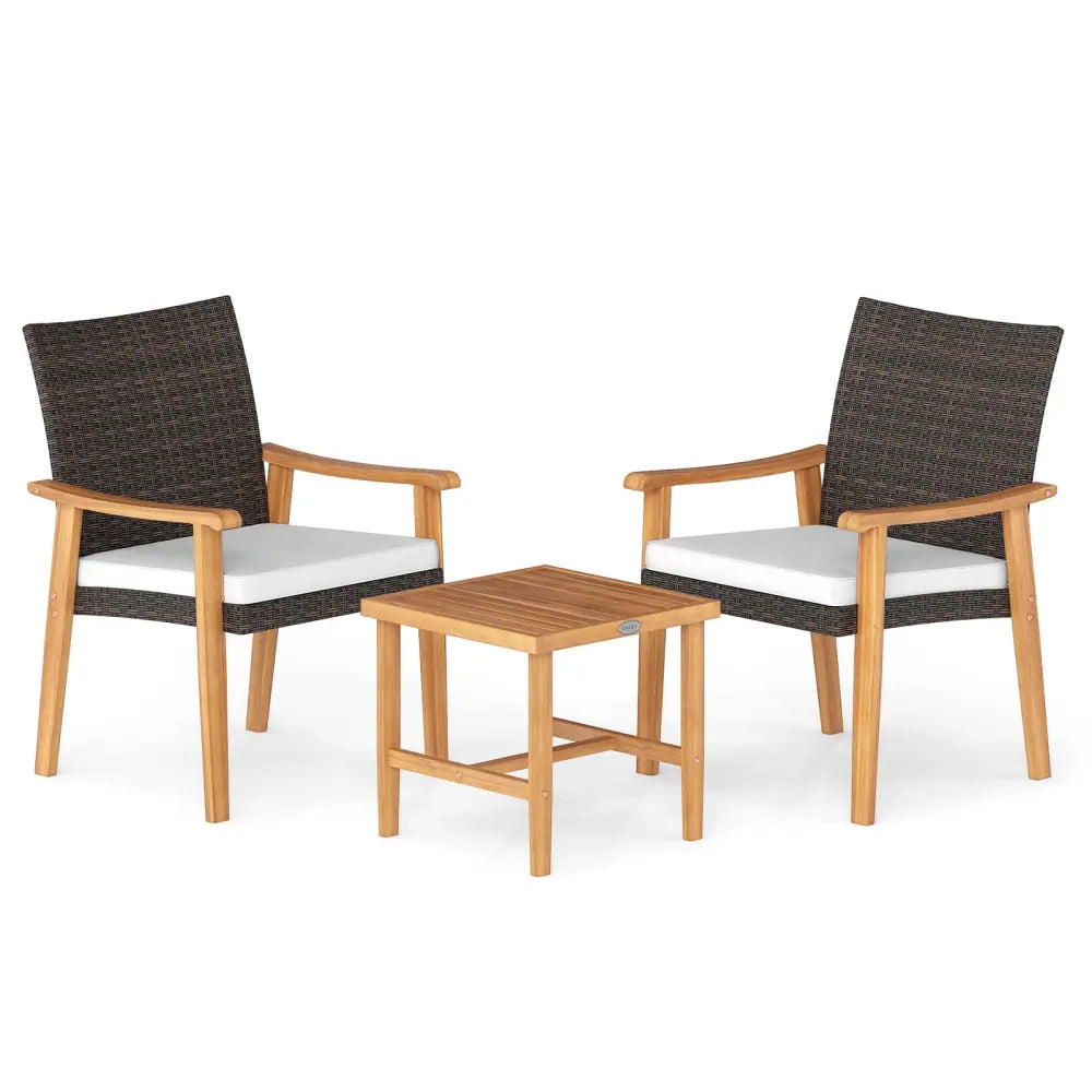 3 Pieces Patio PE Wicker Furniture Set Acacia Wood Outdoor Conversation Bistro Set-White - White - Patio Conversation