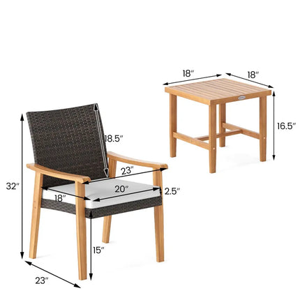 3 Pieces Patio PE Wicker Furniture Set Acacia Wood Outdoor Conversation Bistro Set-White - White - Patio Conversation