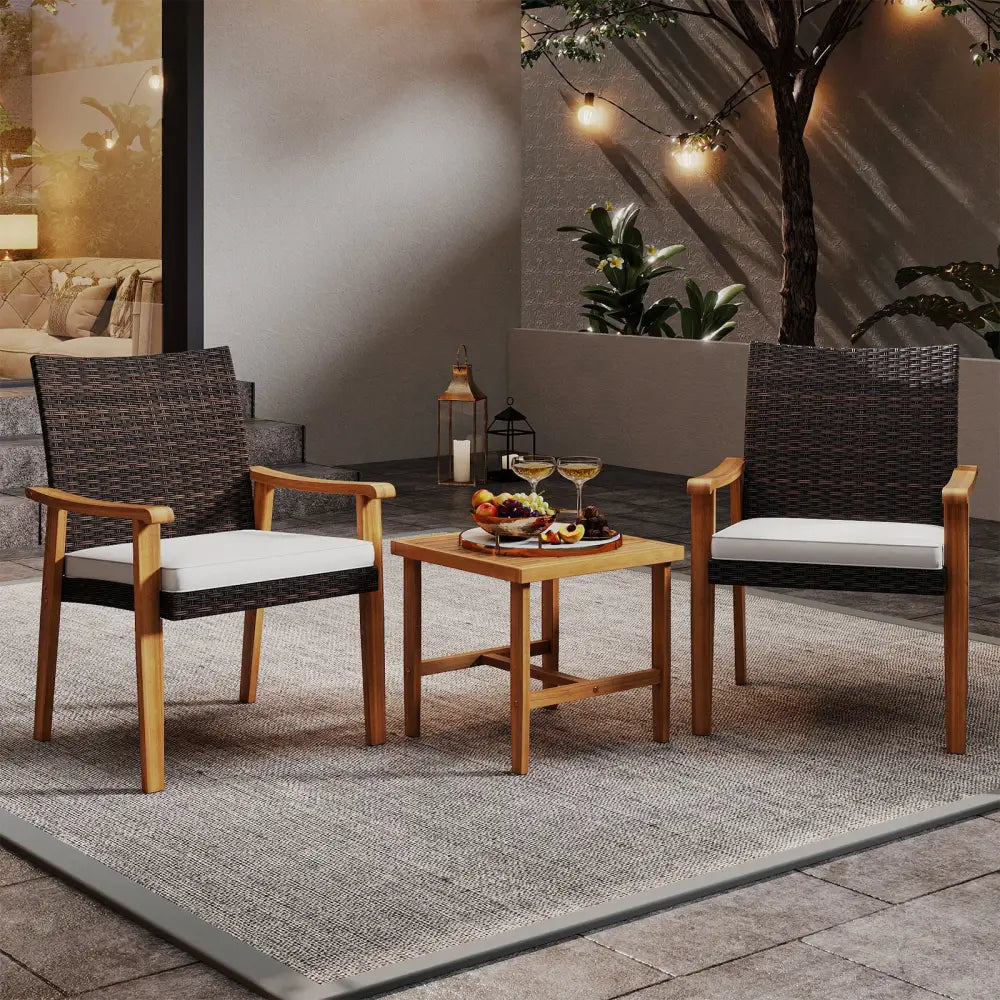 3 Pieces Patio PE Wicker Furniture Set Acacia Wood Outdoor Conversation Bistro Set-White - White - Patio Conversation