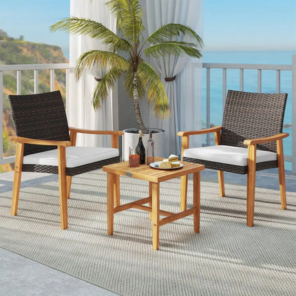 3 Pieces Patio PE Wicker Furniture Set Acacia Wood Outdoor Conversation Bistro Set-White - White - Patio Conversation
