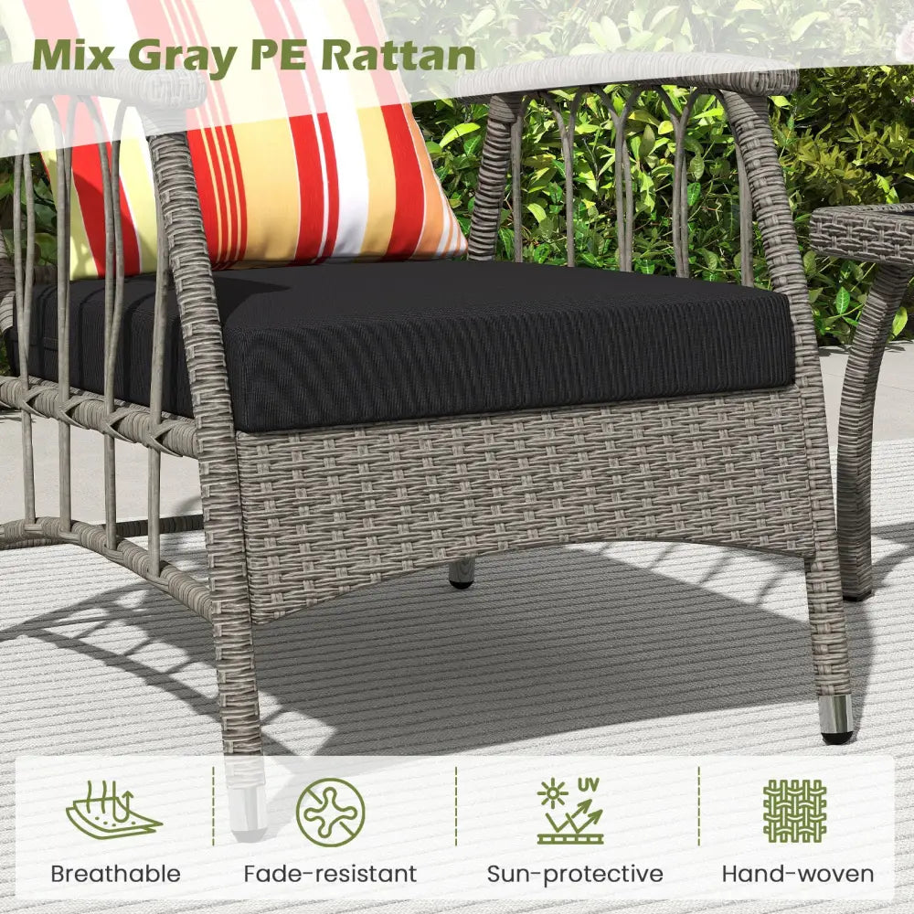3 Pieces Patio PE Wicker Furniture Set with 5-Level Adjustable Backrest-Gray - Gray - Patio Conversation Sets