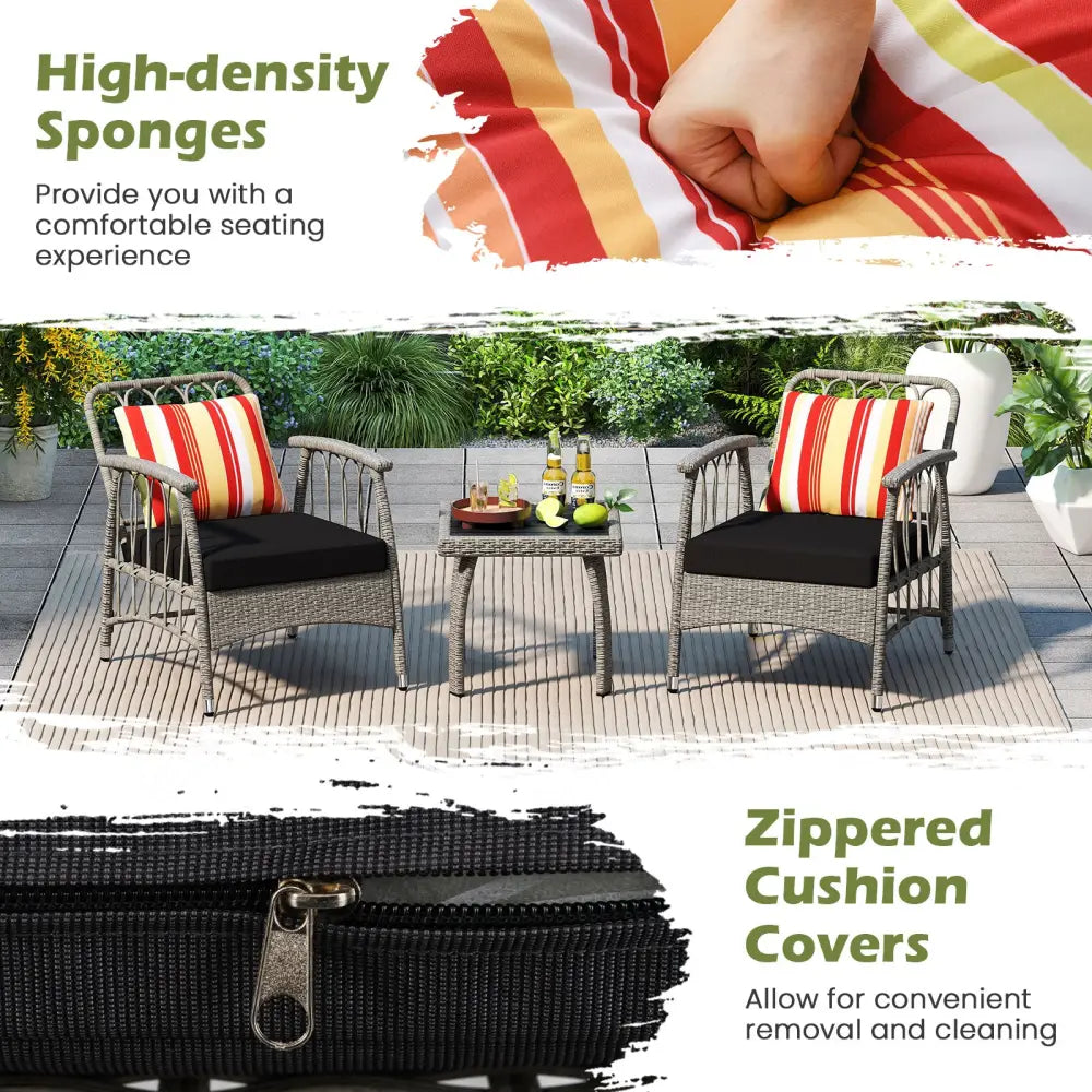 3 Pieces Patio PE Wicker Furniture Set with 5-Level Adjustable Backrest-Gray - Gray - Patio Conversation Sets