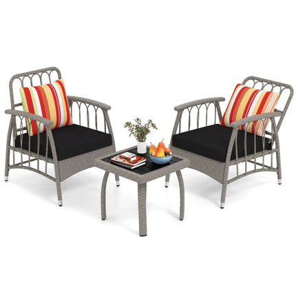 3 Pieces Patio PE Wicker Furniture Set with 5-Level Adjustable Backrest-Gray - Gray - Patio Conversation Sets
