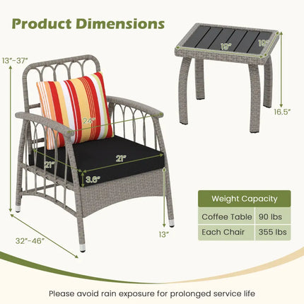 3 Pieces Patio PE Wicker Furniture Set with 5-Level Adjustable Backrest-Gray - Gray - Patio Conversation Sets