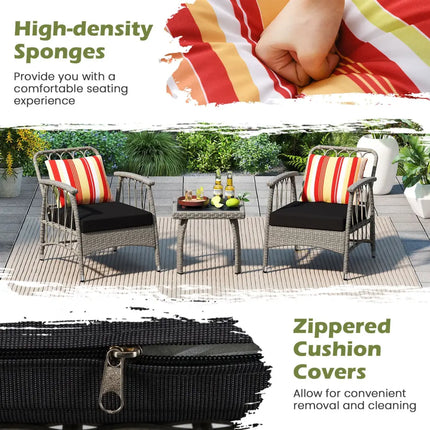 3 Pieces Patio PE Wicker Furniture Set with 5-Level Adjustable Backrest-Gray - Gray - Patio Conversation Sets