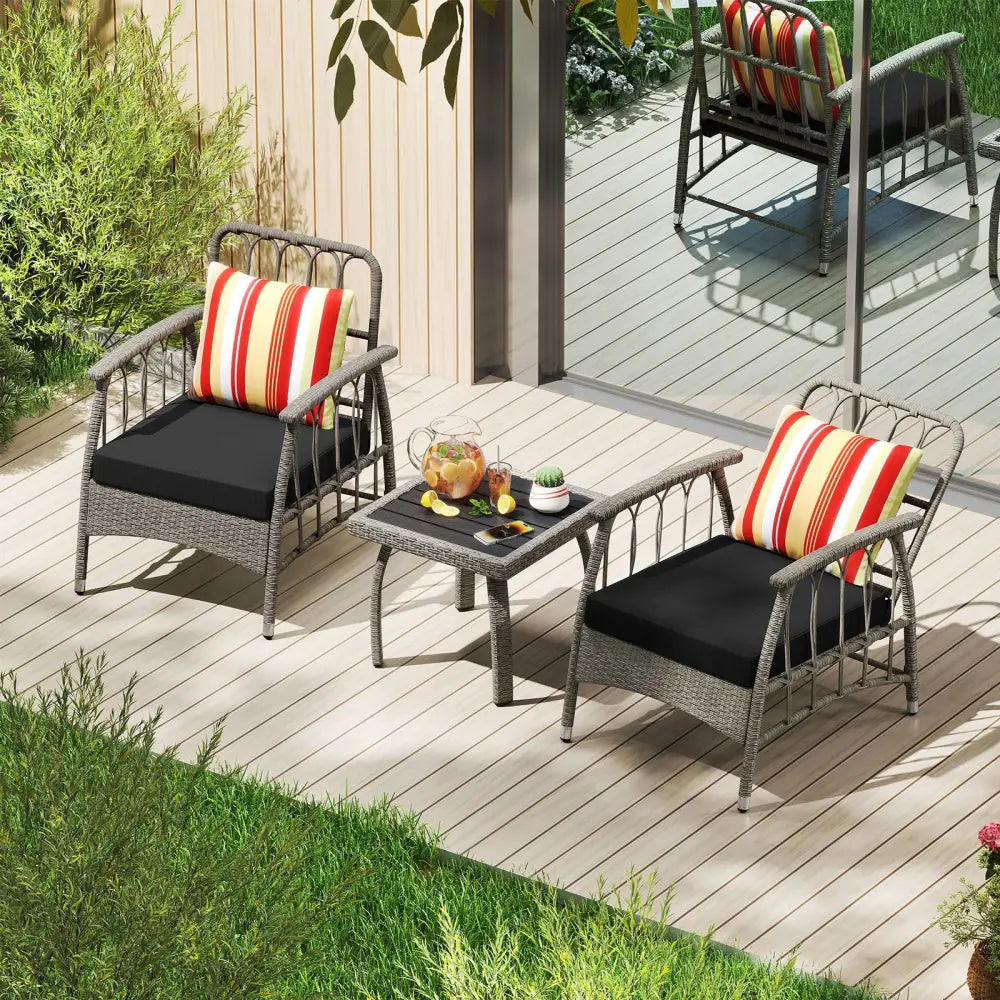 3 Pieces Patio PE Wicker Furniture Set with 5-Level Adjustable Backrest-Gray - Gray - Patio Conversation Sets
