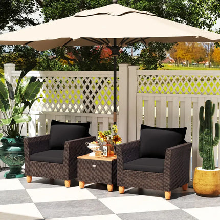 3 Pieces Patio PE Wicker Furniture Set with Cushions and Acacia Wood Storage Coffee Table-Black - Black - Patio