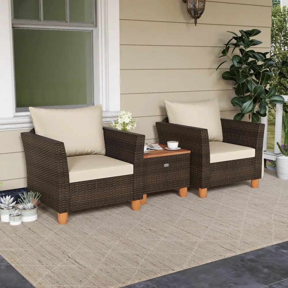 3 Pieces Patio PE Wicker Furniture Set with Cushions and Acacia Wood Storage Coffee Table-Beige - Beige - Patio