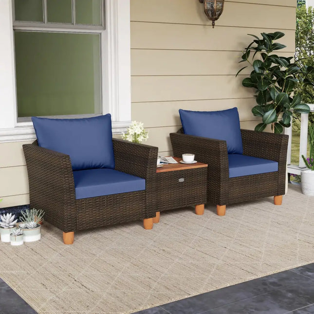 3 Pieces Patio PE Wicker Furniture Set with Cushions and Acacia Wood Storage Coffee Table-Navy - Navy - Patio