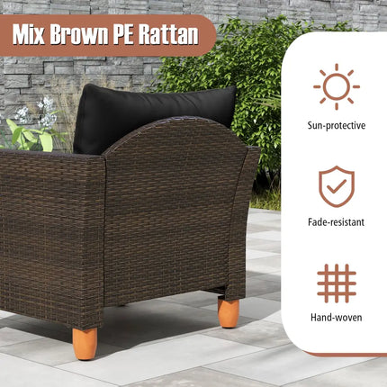 3 Pieces Patio PE Wicker Furniture Set with Cushions and Acacia Wood Storage Coffee Table-Black - Black - Patio