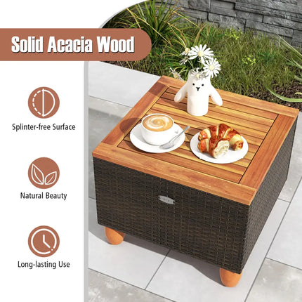 3 Pieces Patio PE Wicker Furniture Set with Cushions and Acacia Wood Storage Coffee Table-Black - Black - Patio