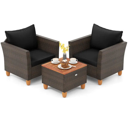 3 Pieces Patio PE Wicker Furniture Set with Cushions and Acacia Wood Storage Coffee Table-Black - Black - Patio