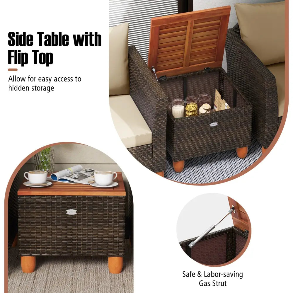 3 Pieces Patio PE Wicker Furniture Set with Cushions and Acacia Wood Storage Coffee Table-Beige - Beige - Patio