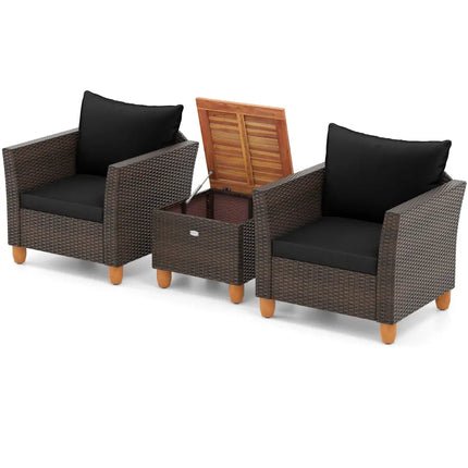 3 Pieces Patio PE Wicker Furniture Set with Cushions and Acacia Wood Storage Coffee Table-Black - Black - Patio