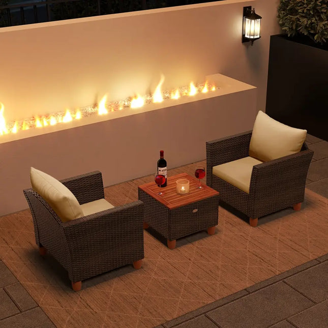 3 Pieces Patio PE Wicker Furniture Set with Cushions and Acacia Wood Storage Coffee Table-Beige - Beige - Patio