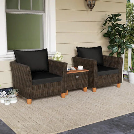 3 Pieces Patio PE Wicker Furniture Set with Cushions and Acacia Wood Storage Coffee Table-Black - Black - Patio