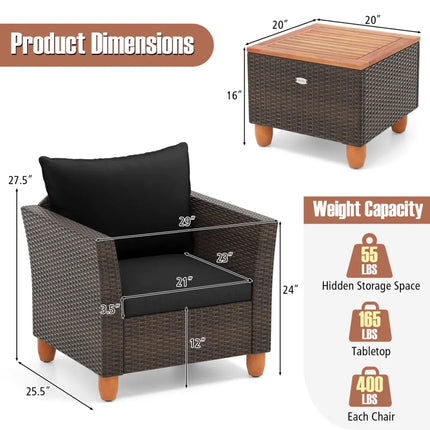3 Pieces Patio PE Wicker Furniture Set with Cushions and Acacia Wood Storage Coffee Table-Black - Black - Patio