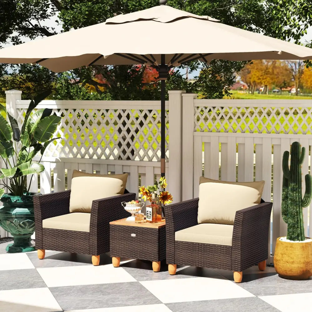 3 Pieces Patio PE Wicker Furniture Set with Cushions and Acacia Wood Storage Coffee Table-Beige - Beige - Patio