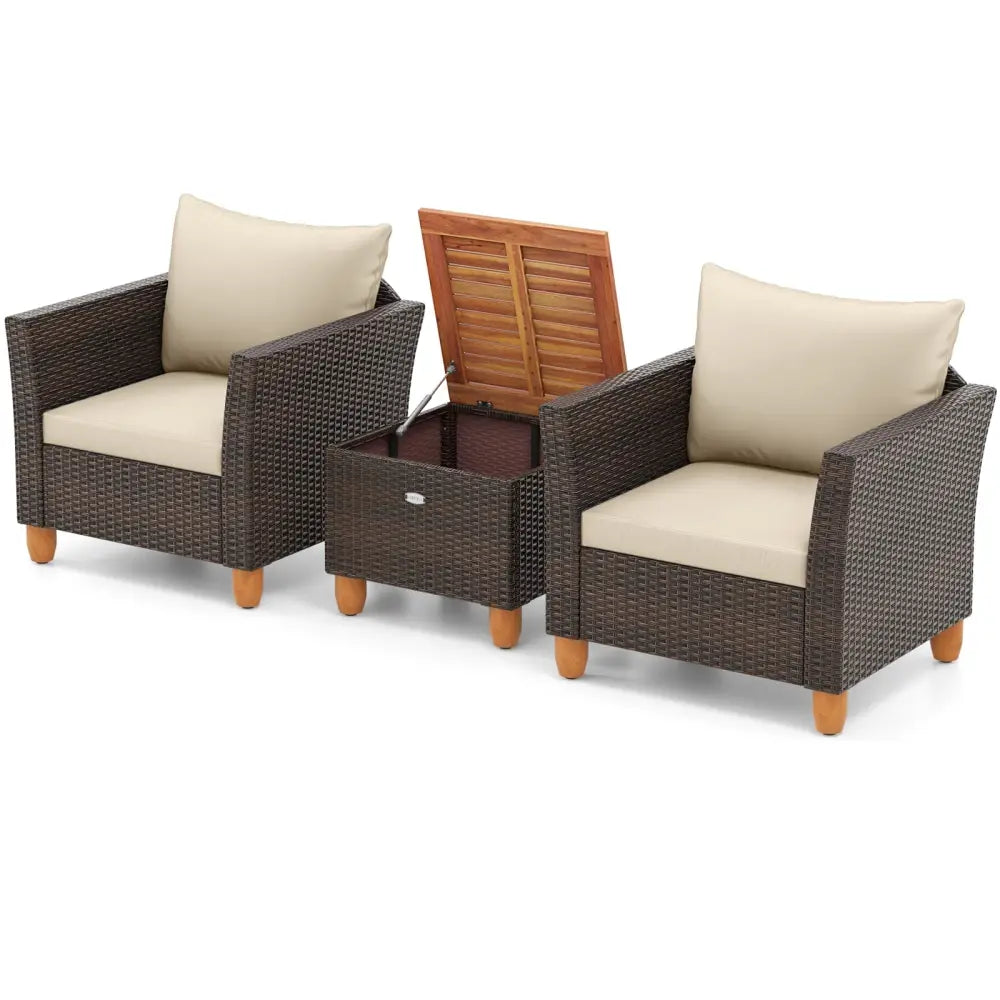 3 Pieces Patio PE Wicker Furniture Set with Cushions and Acacia Wood Storage Coffee Table-Beige - Beige - Patio