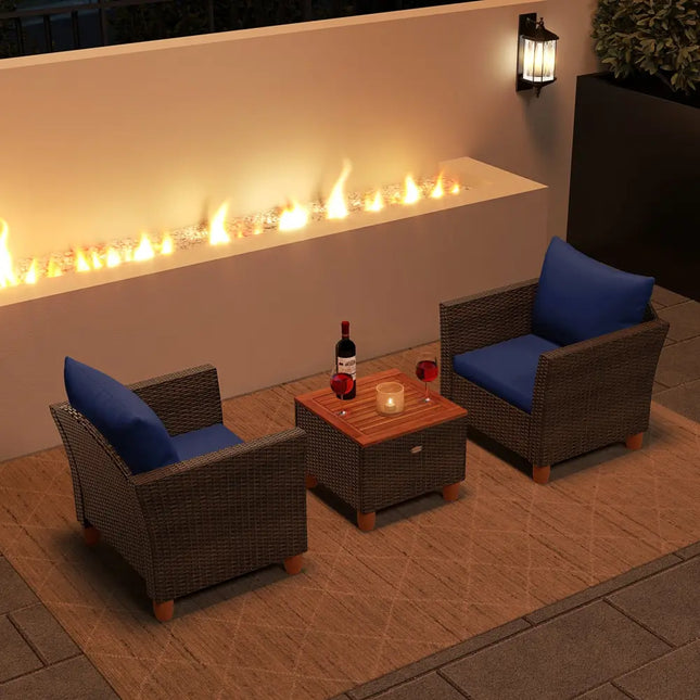 3 Pieces Patio PE Wicker Furniture Set with Cushions and Acacia Wood Storage Coffee Table-Navy - Navy - Patio
