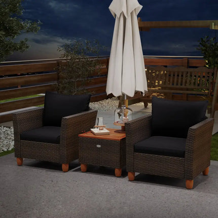 3 Pieces Patio PE Wicker Furniture Set with Cushions and Acacia Wood Storage Coffee Table-Black - Black - Patio