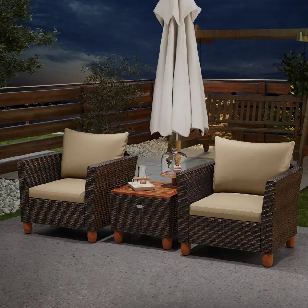 3 Pieces Patio PE Wicker Furniture Set with Cushions and Acacia Wood Storage Coffee Table-Beige - Beige - Patio